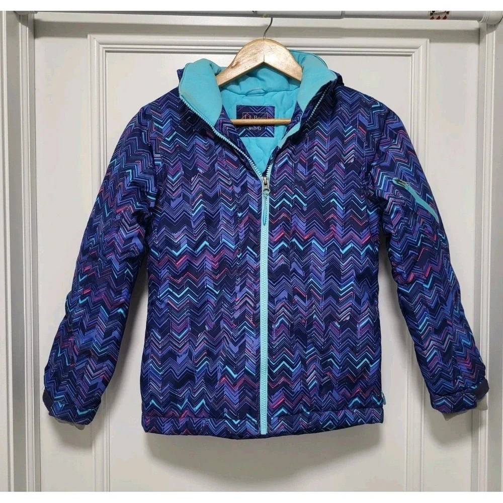 LL Bean Girls Purple Blue Chevron Hooded Ski Winter Jacket Sz M/10-12